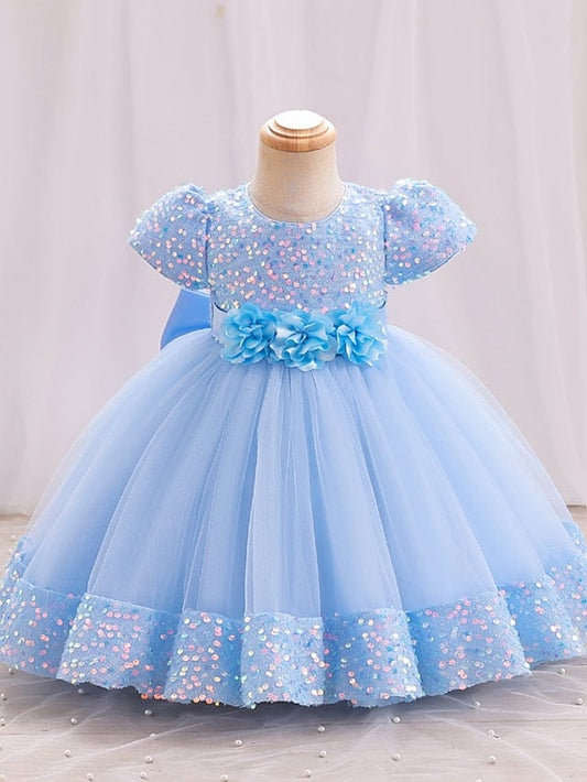 Toddler Girls' Party Dress Solid Color Short Sleeve Performance Wedding Tie Knot Adorable Princess Polyester Knee-length Skater Dress Summer 3-7 Years Multicolor Champagne Pink