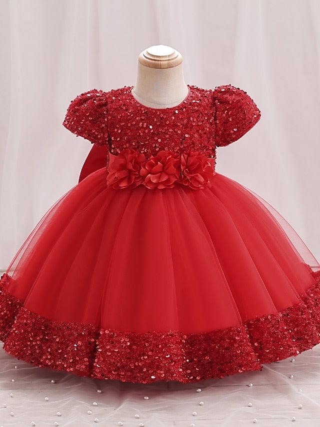 Toddler Girls' Party Dress Solid Color Short Sleeve Performance Wedding Tie Knot Adorable Princess Polyester Knee-length Skater Dress Summer 3-7 Years Multicolor Champagne Pink