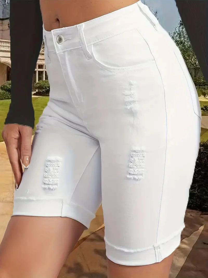 Torn Edge White Jeans, Stretchy Bermuda Cycling Shorts, Ladies Denim Jeans & Apparel