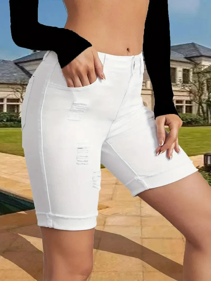 Torn Edge White Jeans, Stretchy Bermuda Cycling Shorts, Ladies Denim Jeans & Apparel