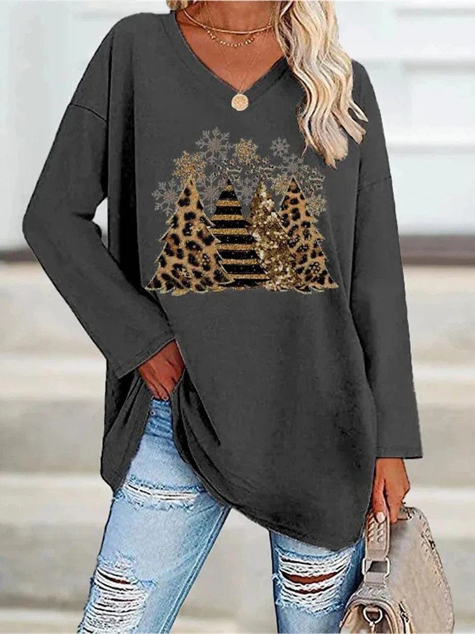 Leopard Snowman Print Women's Christmas T-shirt with Long Sleeves