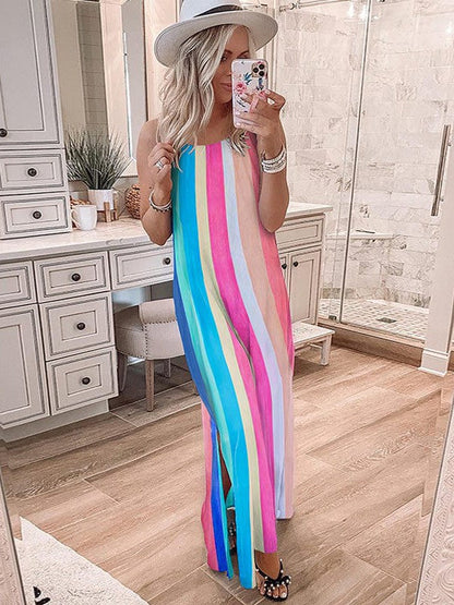 Trendy Backless Spaghetti Strap Tie-Dye Dress with Slit - Women's Stylish Casual Suspender Dress