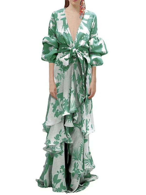 Floral Lace-Up Boho Maxi Dress with Lantern Sleeves and Irregular Hem