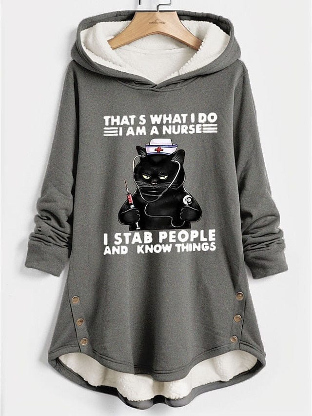 Fleece Lined Cat Letter Women's Hoodie Sweatshirt for Fall & Winter