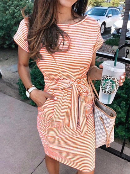 Tunic Striped Round Neck Short Sleeve Mini Dress