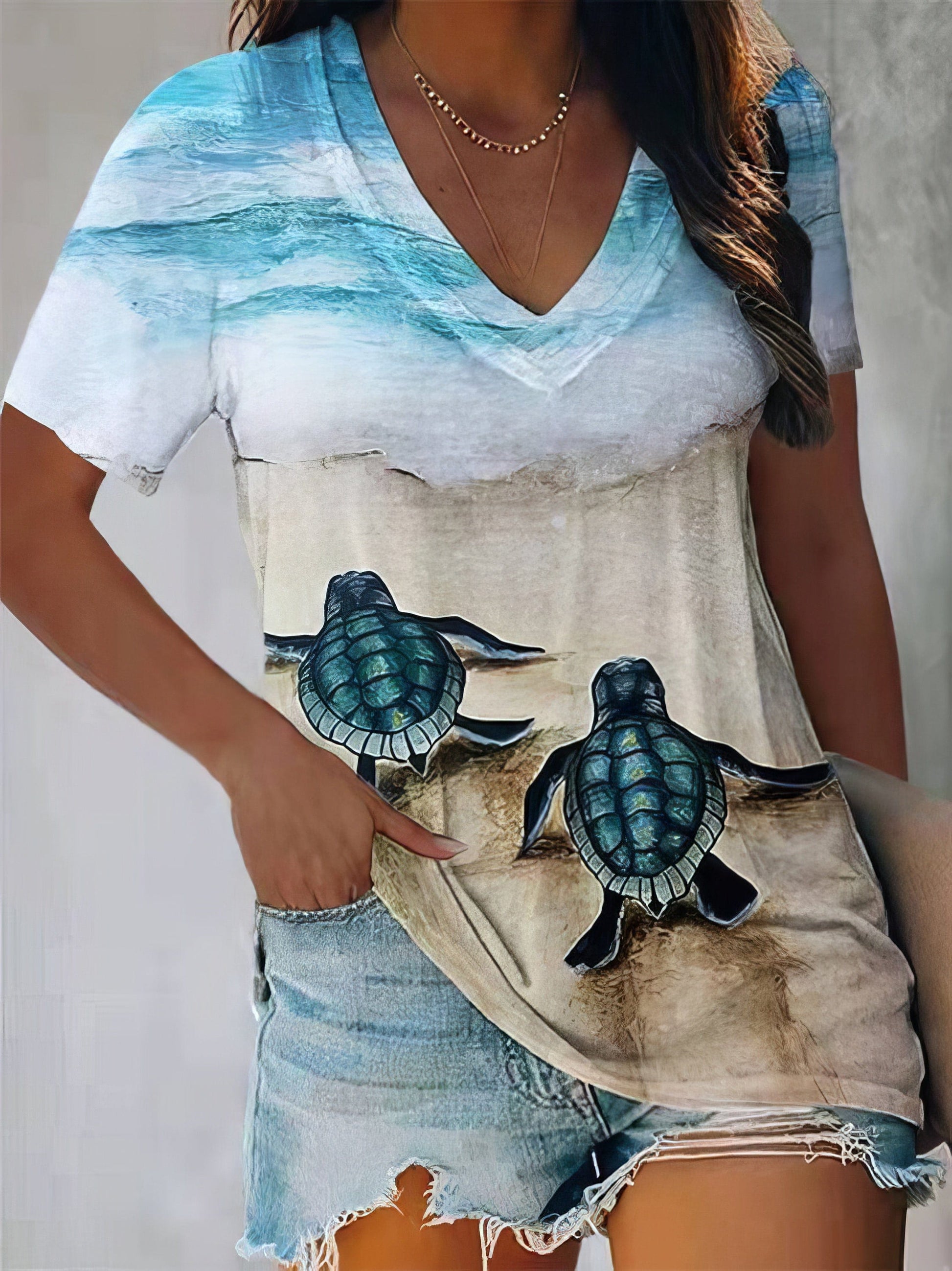 Turtle Print V-Neck Short Sleeve T-Shirt - Drop Shoulder - Closed - Bracelet