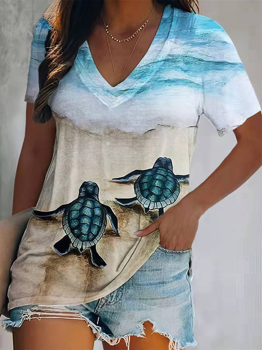 Turtle Print V-Neck Short Sleeve T-Shirt - Drop Shoulder - Closed - Bracelet
