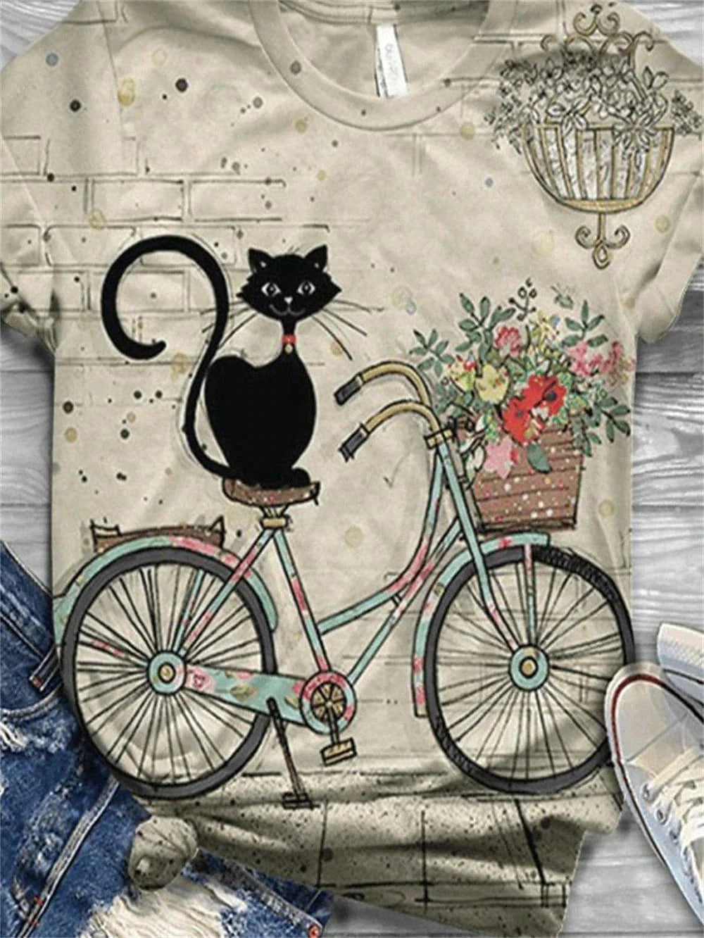 Floral Cat Print Women's T-shirt