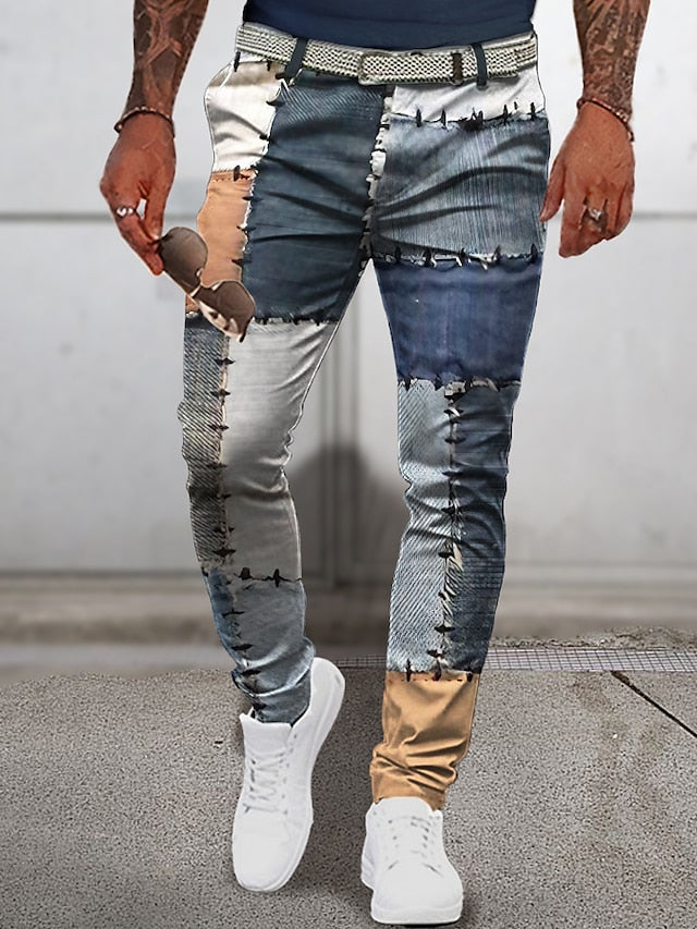 Christmas Patchwork Denim Pants Mens Graphic Plaid Geometry Business 3D Print Trousers Outdoor Street Wear To Polyester Navy Blue Royal Mid Waist Elasticity Casual Navy-Blue