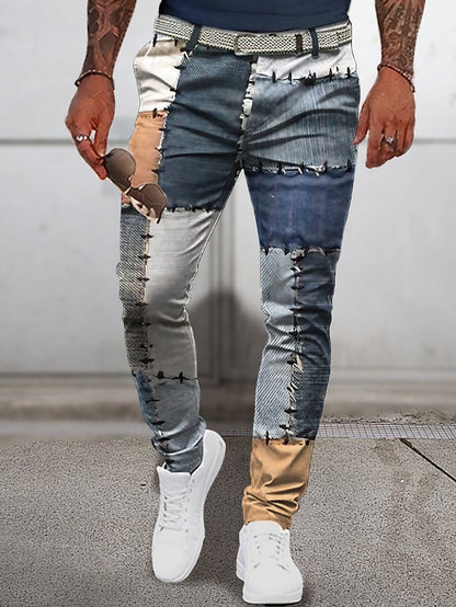 Christmas Patchwork Denim Pants Mens Graphic Plaid Geometry Business 3D Print Trousers Outdoor Street Wear To Polyester Navy Blue Royal Mid Waist Elasticity Casual Navy-Blue