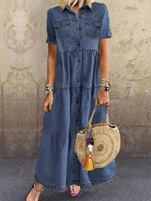 Women's Dark and Light Blue Denim Maxi Shirt Dress with Short Sleeves and Pocket Buttons