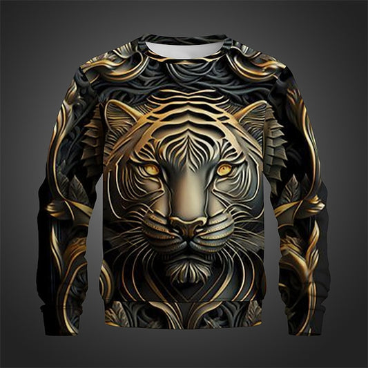 3D Golden Tiger Men's Printed Crew Neck Sweatshirt in Light Green and Red