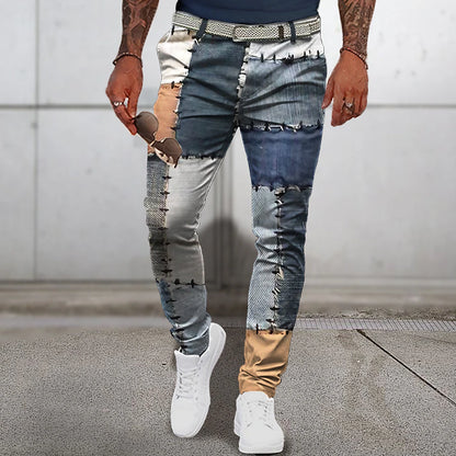 Christmas Patchwork Denim Pants Mens Graphic Plaid Geometry Business 3D Print Trousers Outdoor Street Wear To Polyester Navy Blue Royal Mid Waist Elasticity Casual Navy-Blue