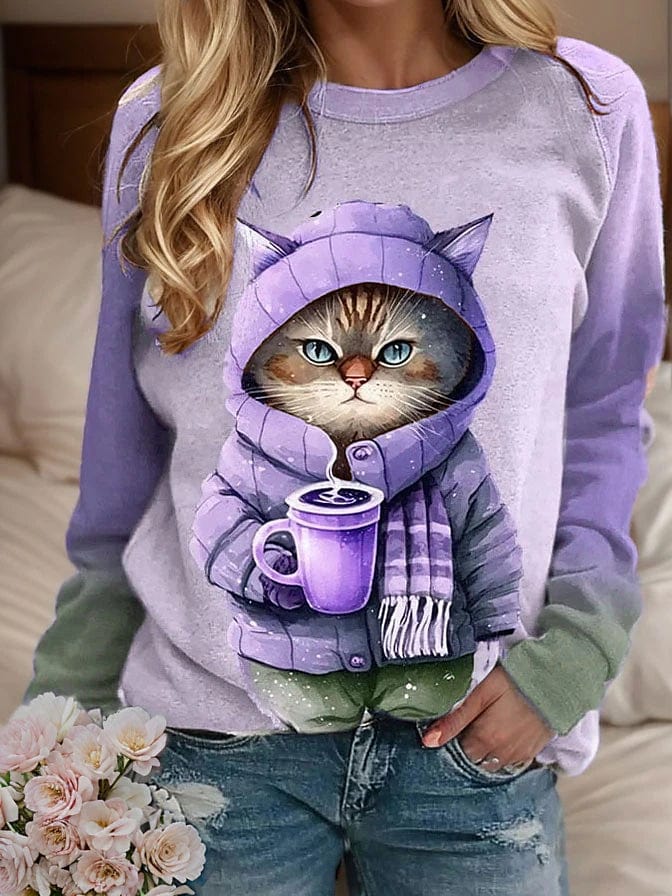 Women's Adorable Cat Graphic Sweatshirt for Active Lifestyles