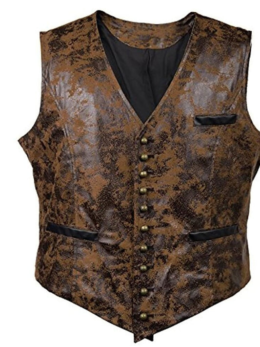 Men's Gilet Leather Vest Daily Casual Fall Pocket Cotton Breathable Print Single Breasted V Neck Loose Fit Black Brown Vest