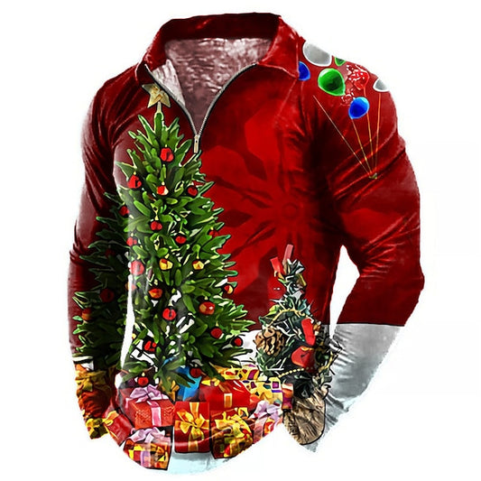 Men's Polo Shirt Golf Shirt Tree Graphic Prints Snowflake Turndown Red 3D Print Christmas Street Long Sleeve Print Zipper Clothing Apparel Fashion Designer Casual Soft