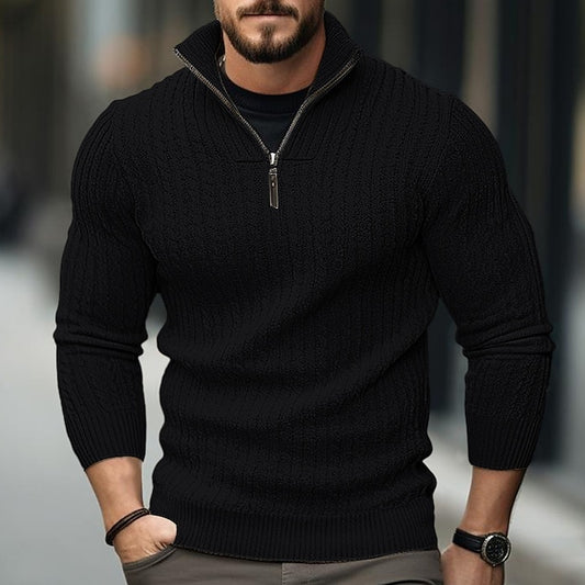Men's Pullover Sweater Jumper Fall Sweater Ribbed Knit Regular Zipper Knitted Plain Stand Collar Modern Contemporary Work Daily Wear Clothing Apparel Winter Black Navy Blue S M L