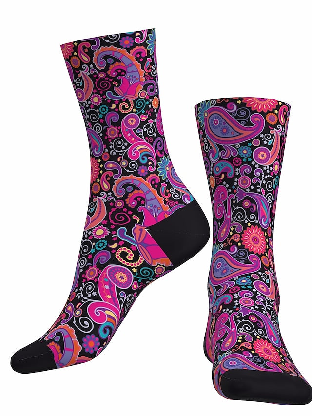 Men's Women's Socks Outdoor Exercise Bike / Cycling Breathable Soft Comfortable 1 Pair Paisley Cotton Black Purple Fuchsia S M L - LuckyFash™