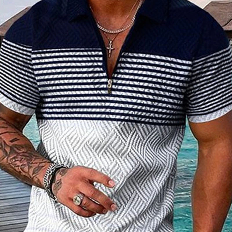 Striped Men's Golf Polo Shirt with Zipper Detail