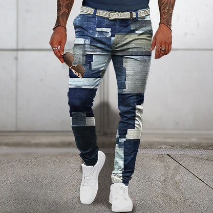 Christmas Patchwork Denim Pants Mens Graphic Plaid Geometry Business 3D Print Trousers Outdoor Street Wear To Polyester Navy Blue Royal Mid Waist Elasticity Casual Navy-Blue