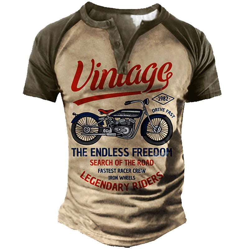 Men's T shirt Tee Henley Shirt Tee Graphic Letter Motorcycle Henley Blue Brown Green Khaki 3D Print Plus Size Outdoor Daily Short Sleeve Button-Down Print Clothing Apparel Designer Stylish Vintage