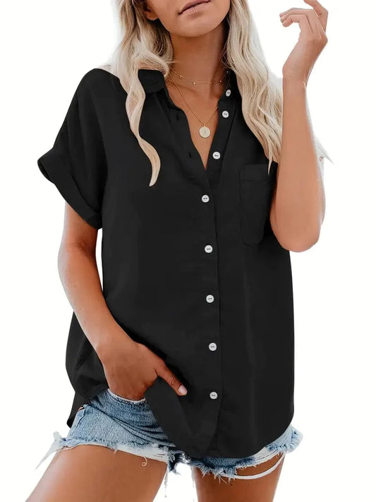 V Neck Collared Button Blouses with Short Sleeves and Pockets