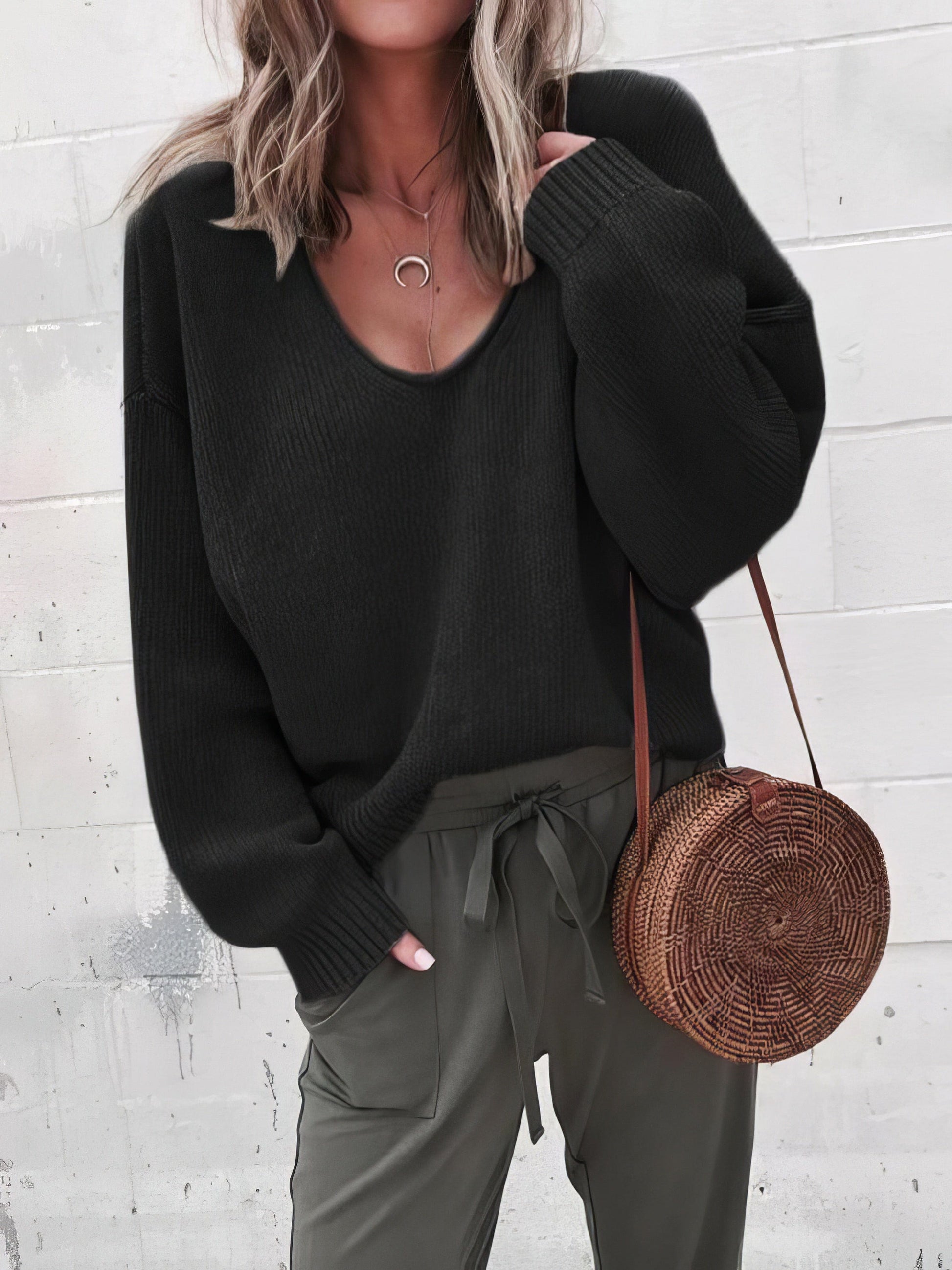 V-Neck Long Sleeve Solid Loose Knit Sweater
