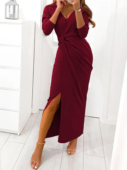 V-Neck Long Sleeve Split Evening Dress