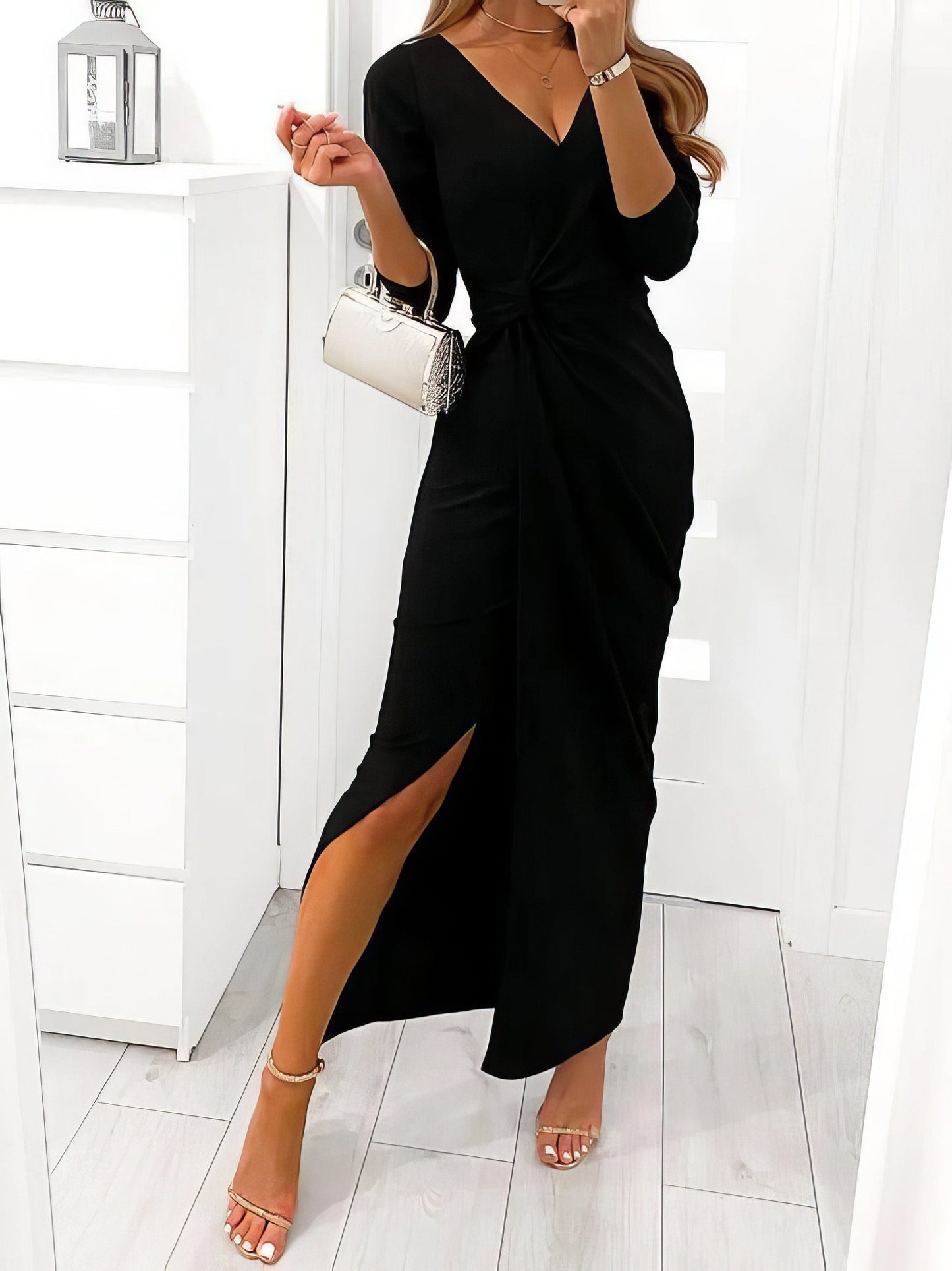 V-Neck Long Sleeve Split Evening Dress