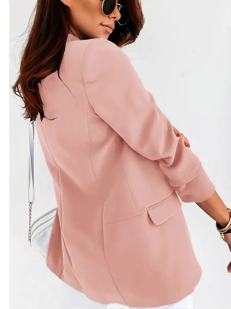 V-neck Pocket Blazer Jacket with Long Sleeves, Stylish Loose Fit Outerwear for Women