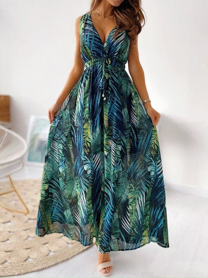 V Neck Printed Strap Maxi Dress