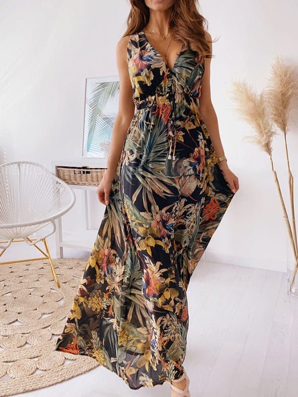 V Neck Printed Strap Maxi Dress