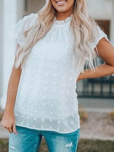 V-Neck Puff Sleeve Cotton Blend Top with Short Sleeves