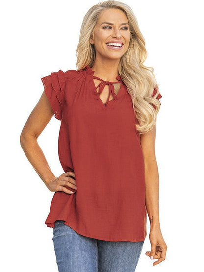 V-Neck Puff Sleeve Cotton Blend Top with Short Sleeves