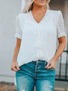 V-Neck Puff Sleeve Cotton Blend Top with Short Sleeves