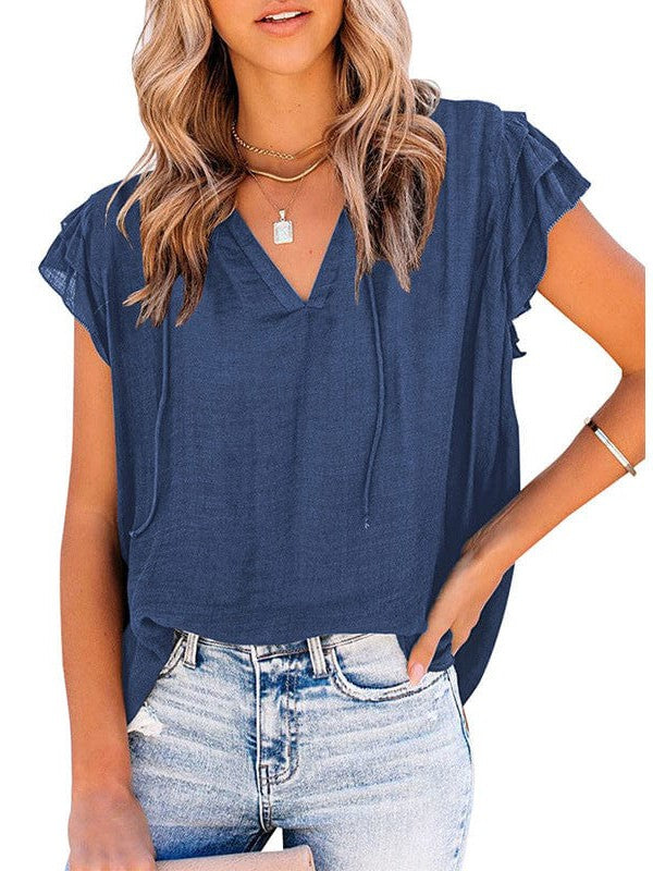 V-Neck Puff Sleeve Cotton Blend Top with Short Sleeves