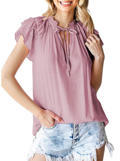 V-Neck Puff Sleeve Cotton Blend Top with Short Sleeves