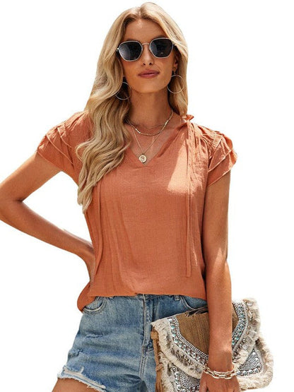 V-Neck Puff Sleeve Cotton Blend Top with Short Sleeves