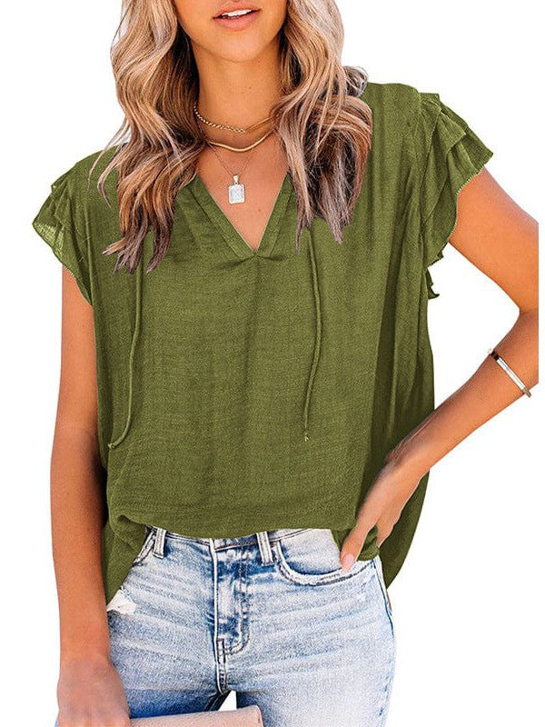 V-Neck Puff Sleeve Cotton Blend Top with Short Sleeves