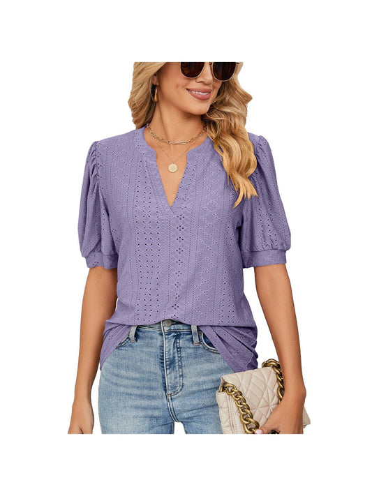 v-neck solid color hollow puff sleeve casual loose t-shirt
