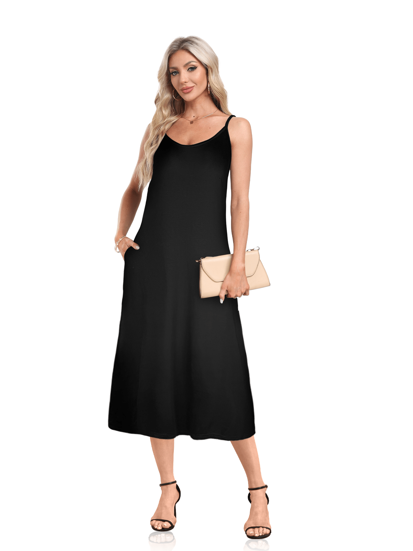 V-neck Solid Pocket Casual Sling Dress Sundress