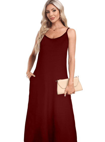 V-neck Solid Pocket Casual Sling Dress Sundress