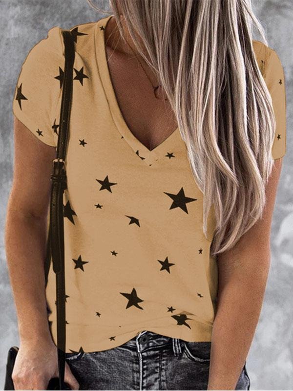 Star Print V-neck T-shirt with Short Raglan Sleeves and Jewel-Closed Scoop Hem