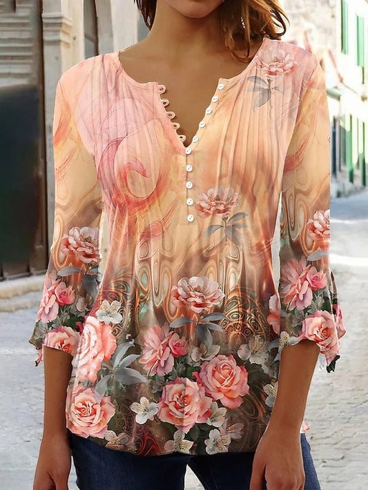 Versatile Orange Floral Button-Down Shirt with 3/4 Sleeves