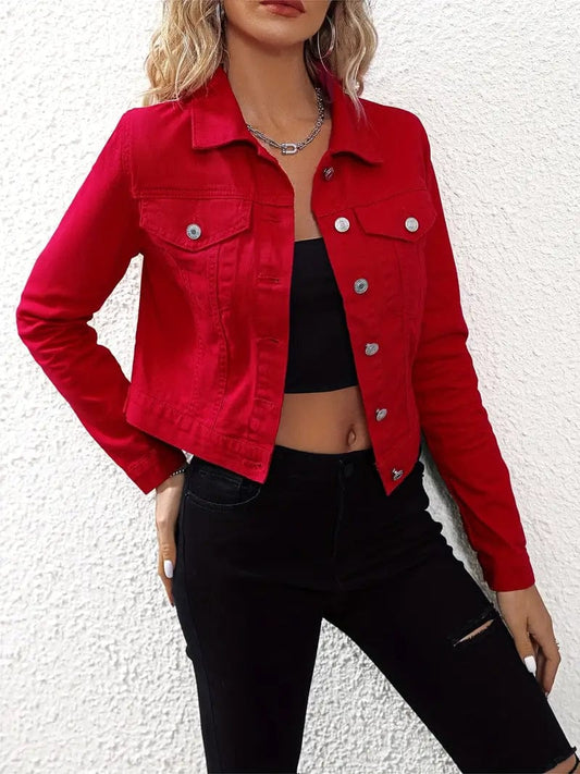 Versatile Red Denim Jacket for Women with Slim Fit