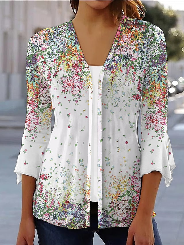 Women's Casual Jacket Print Flower Daily Loose Fit Outerwear 3/4 Length Sleeve Light Blue S - LuckyFash™