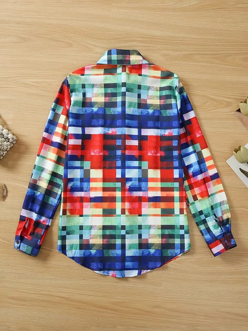 Vibrant Plaid Pattern Shirt, Stylish Long Sleeve Button-Up Top Featuring a Collar, Women's Fashion