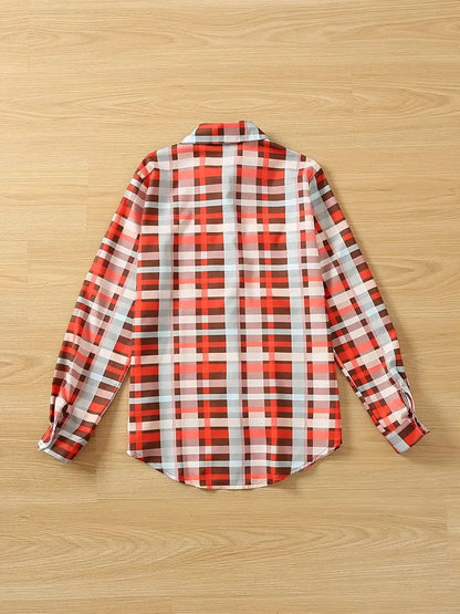 Vibrant Plaid Pattern Shirt, Stylish Long Sleeve Button-Up Top Featuring a Collar, Women's Fashion