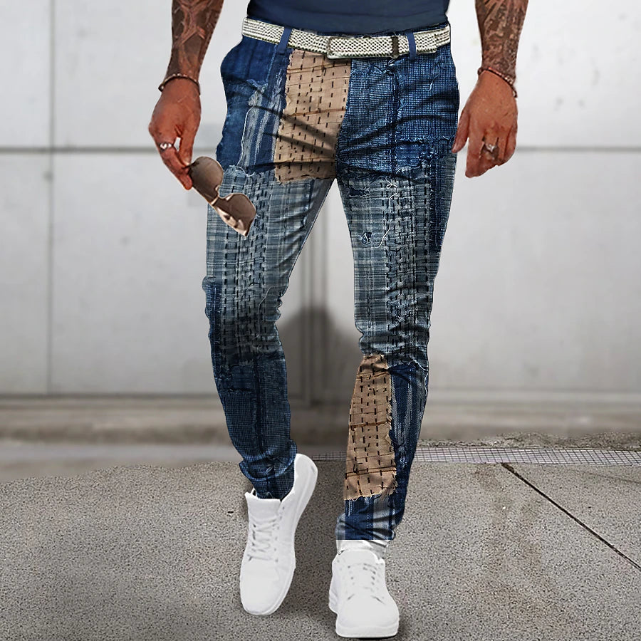 Christmas Patchwork Denim Pants Mens Graphic Plaid Geometry Business 3D Print Trousers Outdoor Street Wear To Polyester Navy Blue Royal Mid Waist Elasticity Casual Navy-Blue