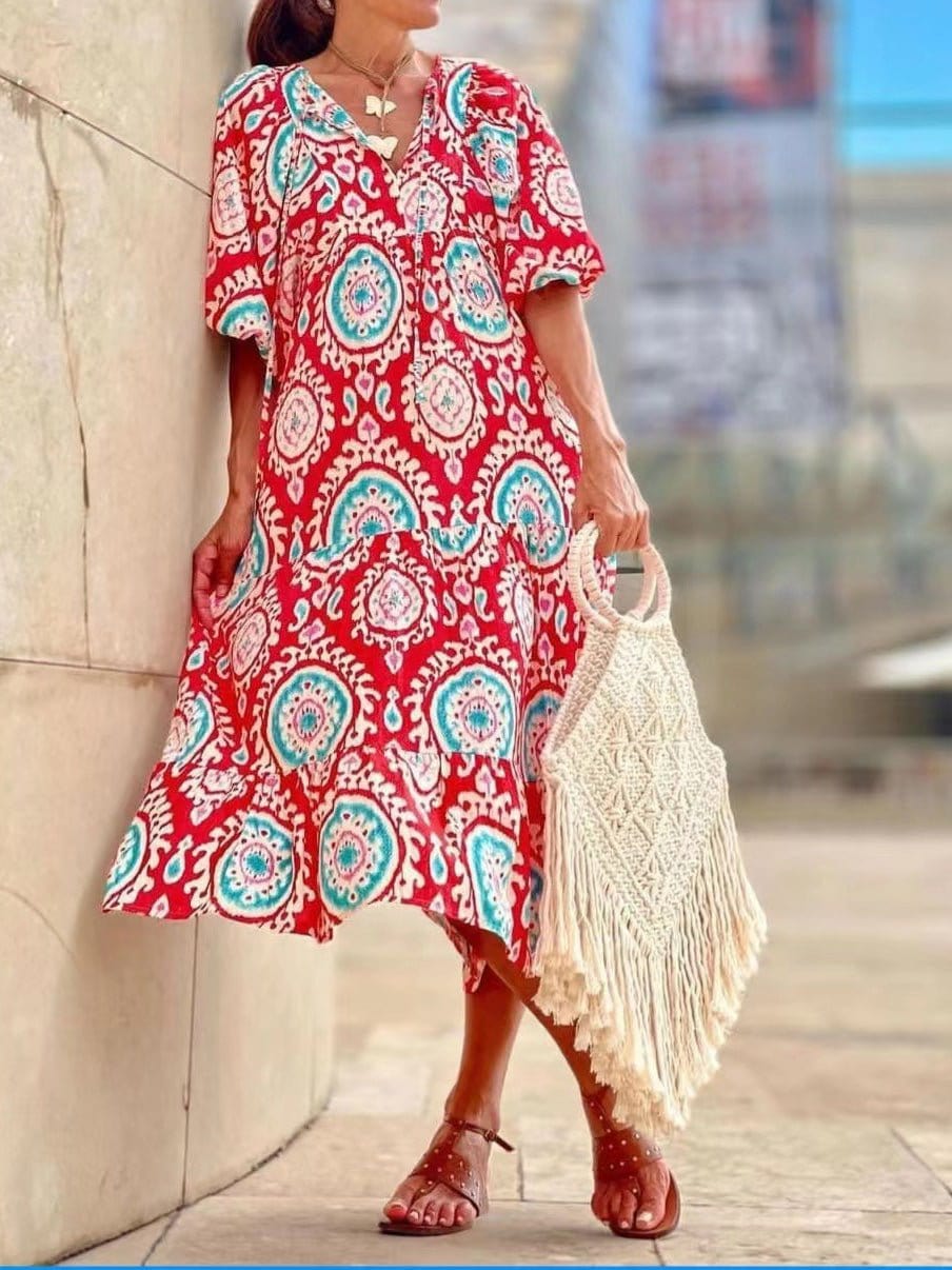 Vintage Print Puff Sleeve Maxi Dress